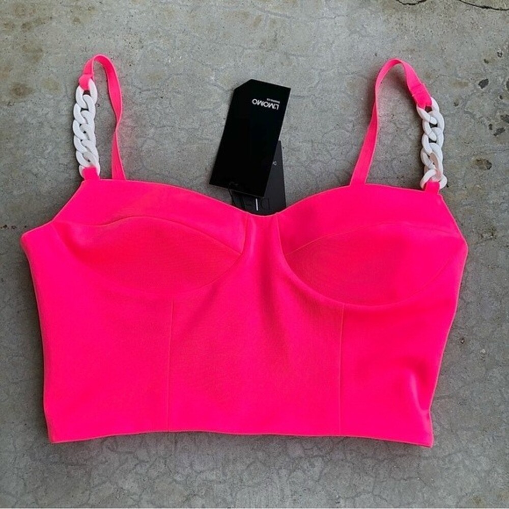 NWT L'Momo Bustier Top Chain Straps Barbie Pink White Crop 6 - Picture 2 of 5